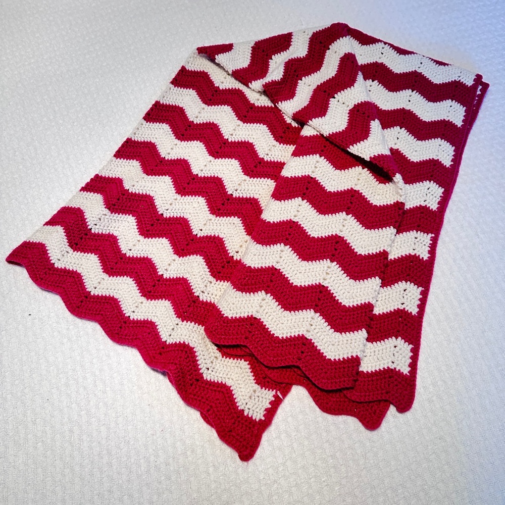 Handmade Crochet Raspberry and off white Zig Zag Throw